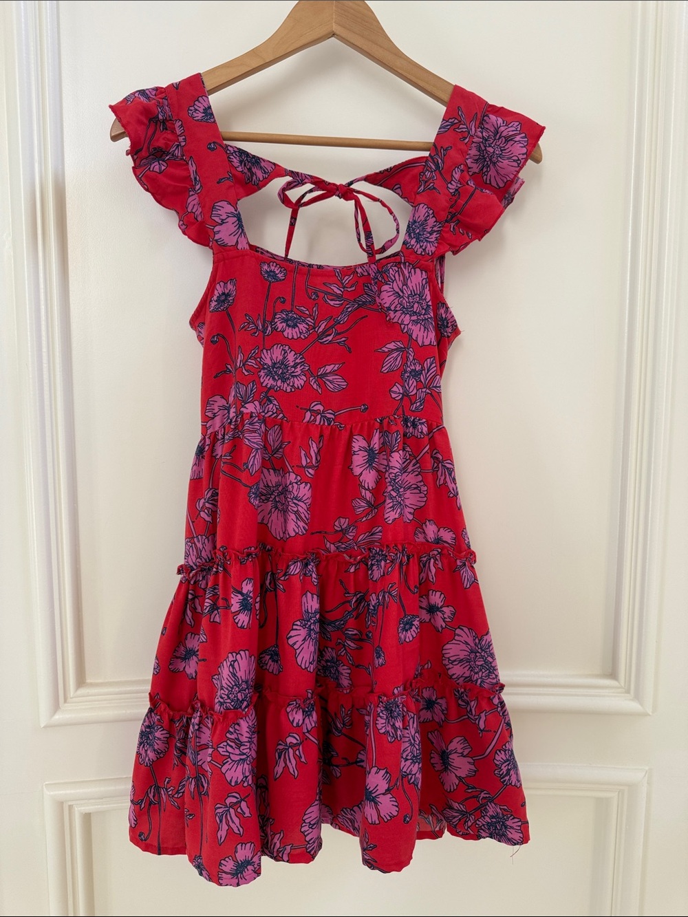 Girls Red Floral Tie-Back Ruffle Dress